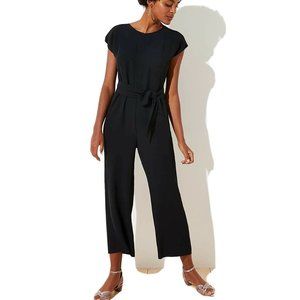 LOFT Womens Size 14 V-Back Tie Waist Jumpsuit Black Cap Sleeve Pockets NWT $100